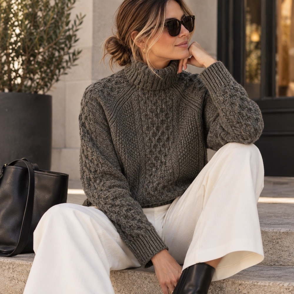 Vince Wool Cashmere Cable Knit Turtleneck Sweater S Gray Chunky